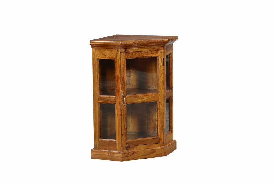 Kleine indische Eckvitrine aus Teakholz